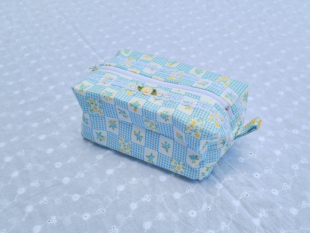 Blue Gingham Floral Pouch