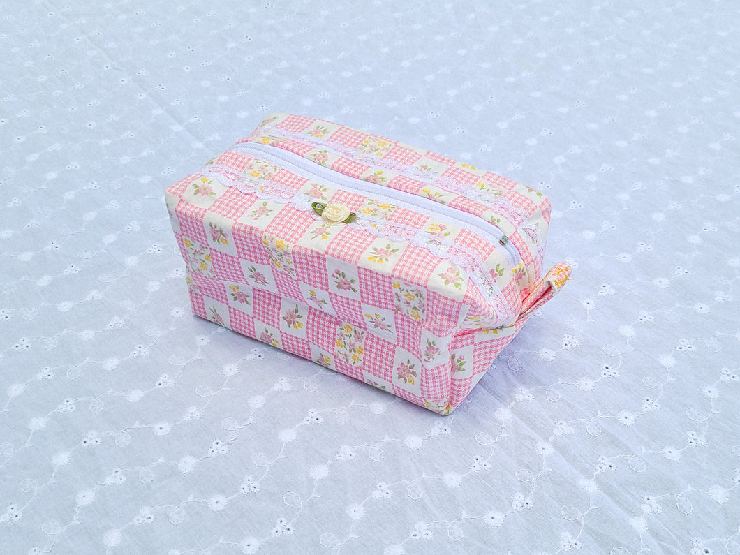 Pink Gingham Floral Pouch